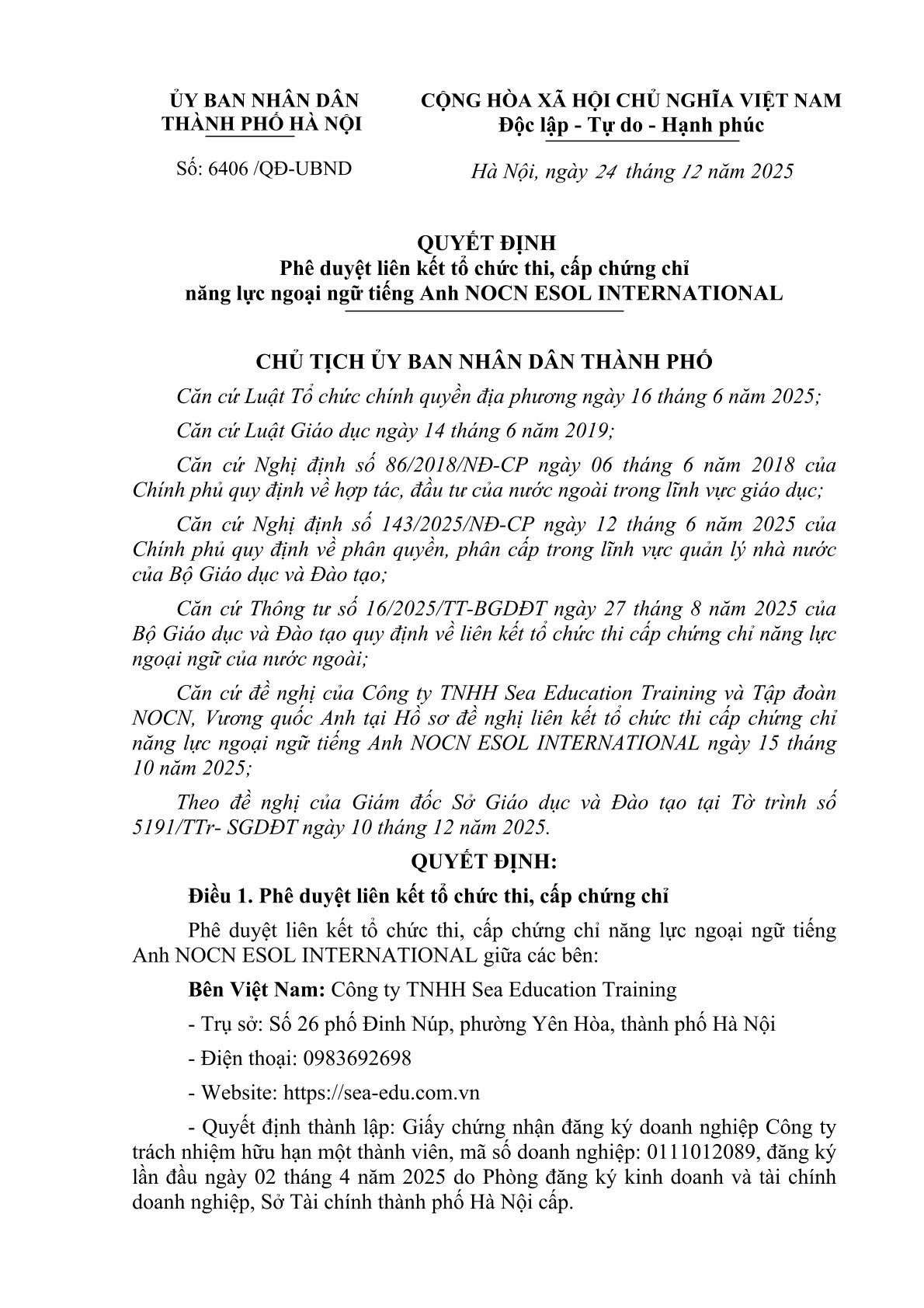 Quyết định phê duyệt NOCN Hà Nội trang 1